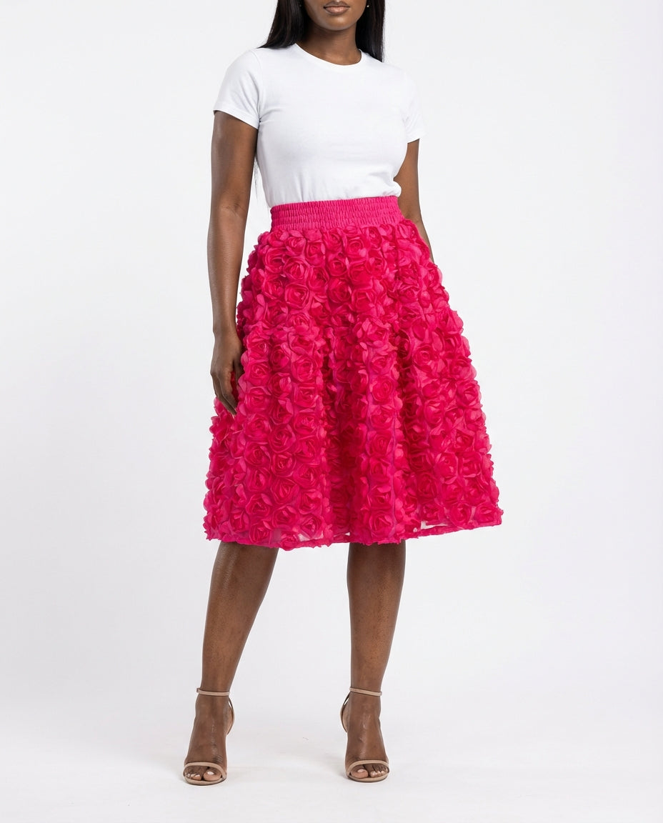 DEAT Women's Skirt Elastic Waist A-line 3d Rose Flowers Design Pleated Elegant Long Skirts 2026 New Fashion Spring 33A1846 - front - pink