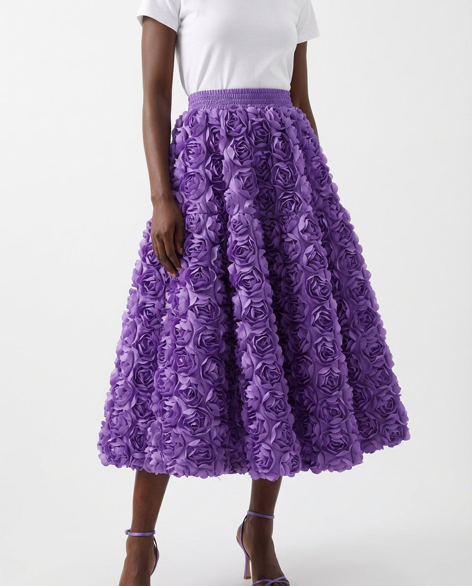 DEAT Women's Skirt Elastic Waist A-line 3d Rose Flowers Design Pleated Elegant Long Skirts 2026 New Fashion Spring 33A1846 - front - purple