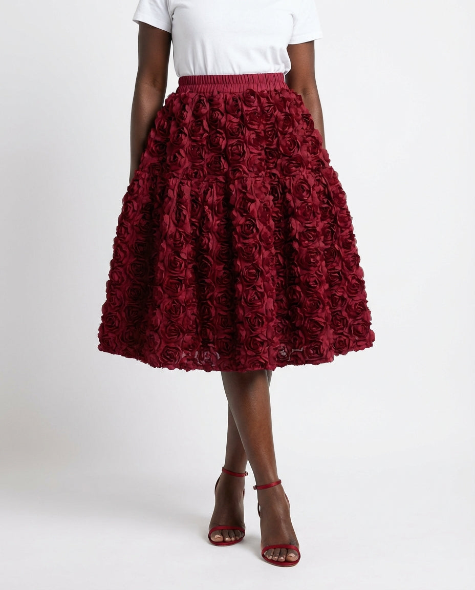 DEAT Women's Skirt Elastic Waist A-line 3d Rose Flowers Design Pleated Elegant Long Skirts 2026 New Fashion Spring 33A1846 - front - red