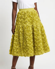 DEAT Women's Skirt Elastic Waist A-line 3d Rose Flowers Design Pleated Elegant Long Skirts 2026 New Fashion Spring 33A1846 - front - yellow green