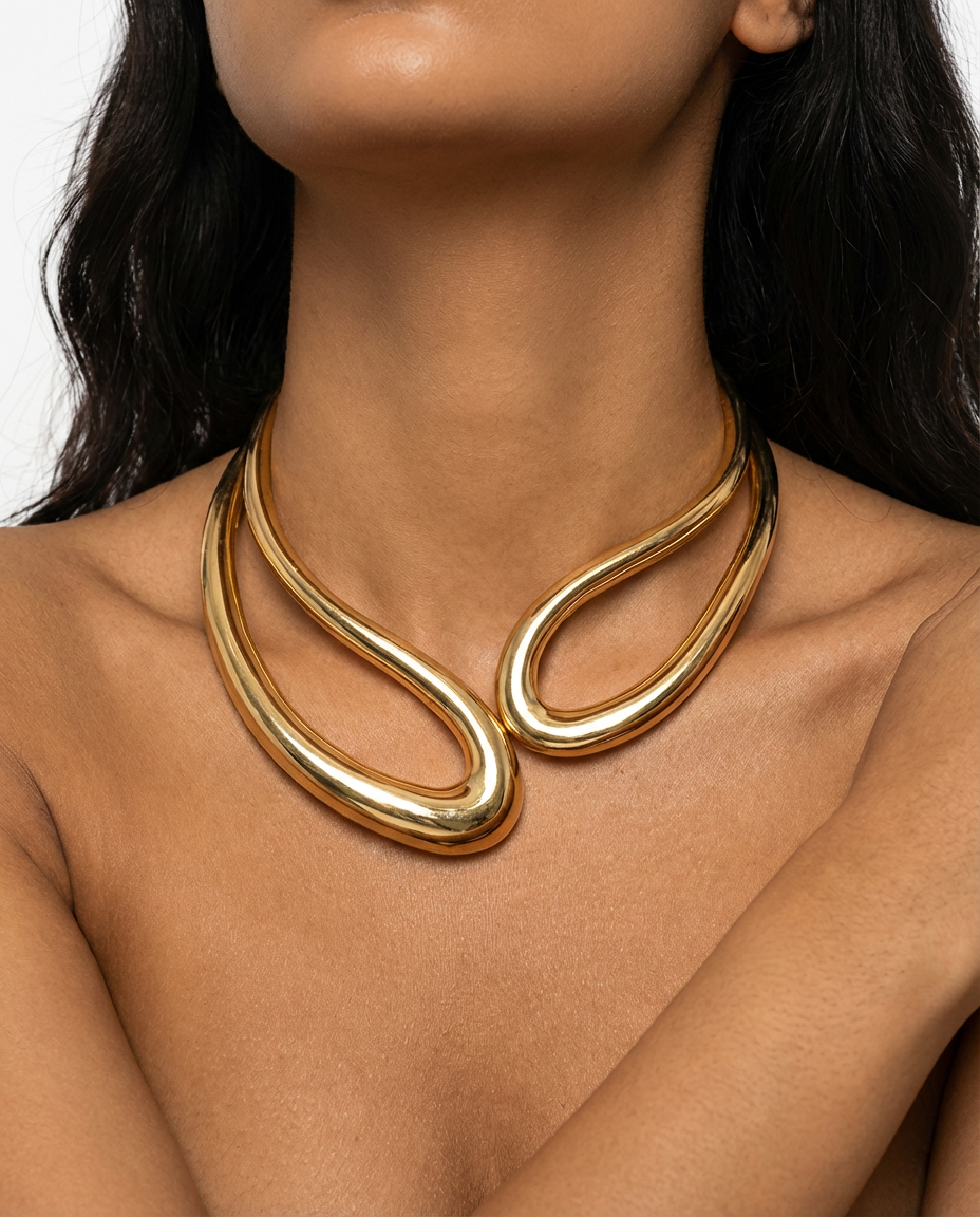 Salircon Exaggerated Geometric Metal Collar Choker Gothic Gold Color Adjustable Necklace Women's African Tribal Neck Jewelry - front - gold color