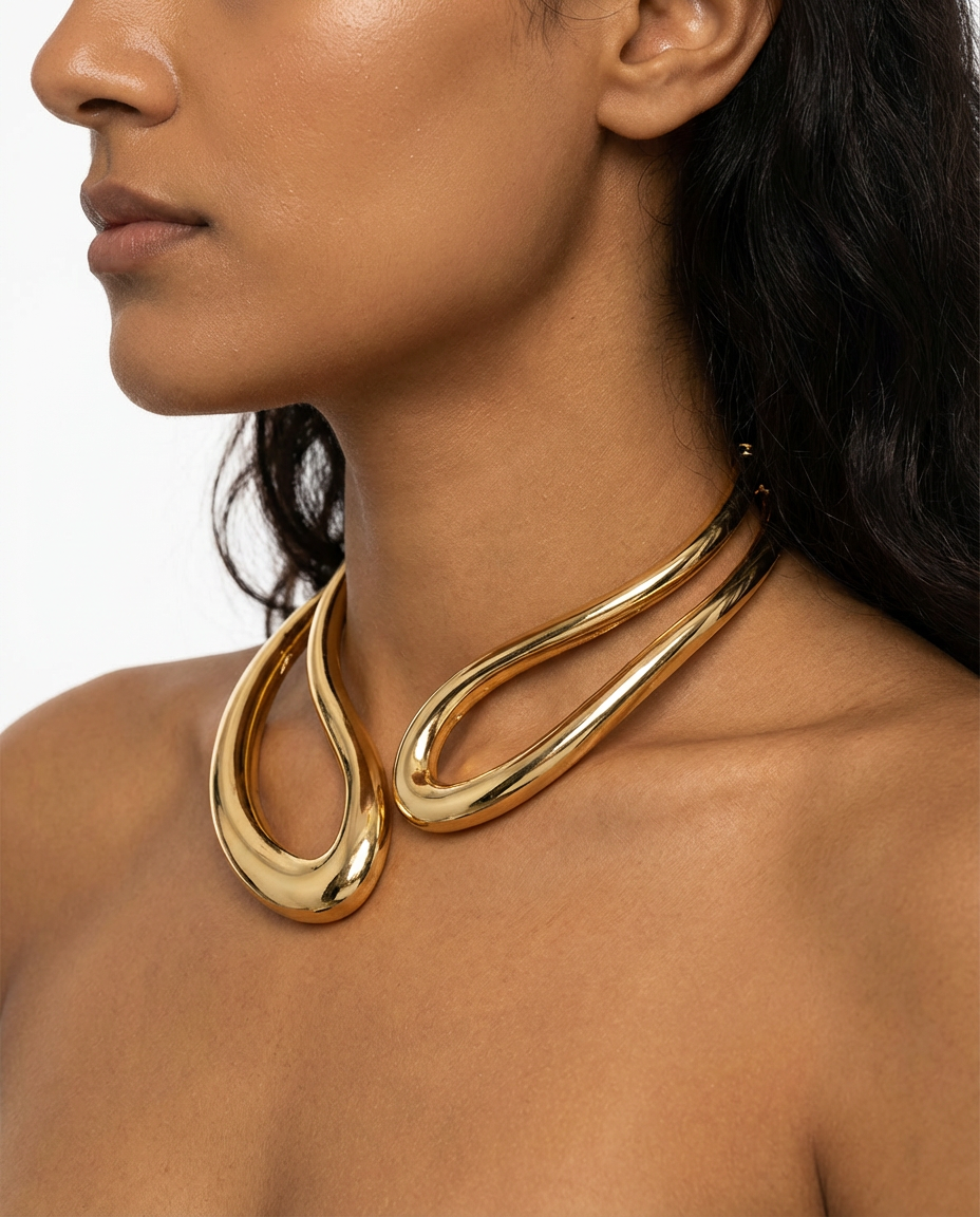 Salircon Exaggerated Geometric Metal Collar Choker Gothic Gold Color Adjustable Necklace Women's African Tribal Neck Jewelry - side - gold color